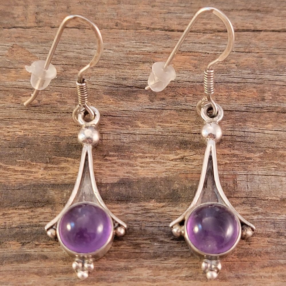 Genuine Sterling Artisan Amethyst Oval Cab Beaded Drop Earrings